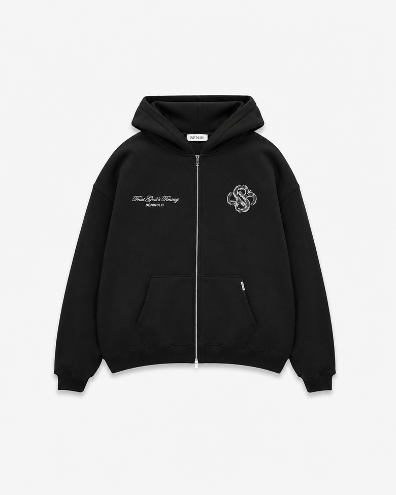 God's Timing Distressed Zip Hoodie - Black