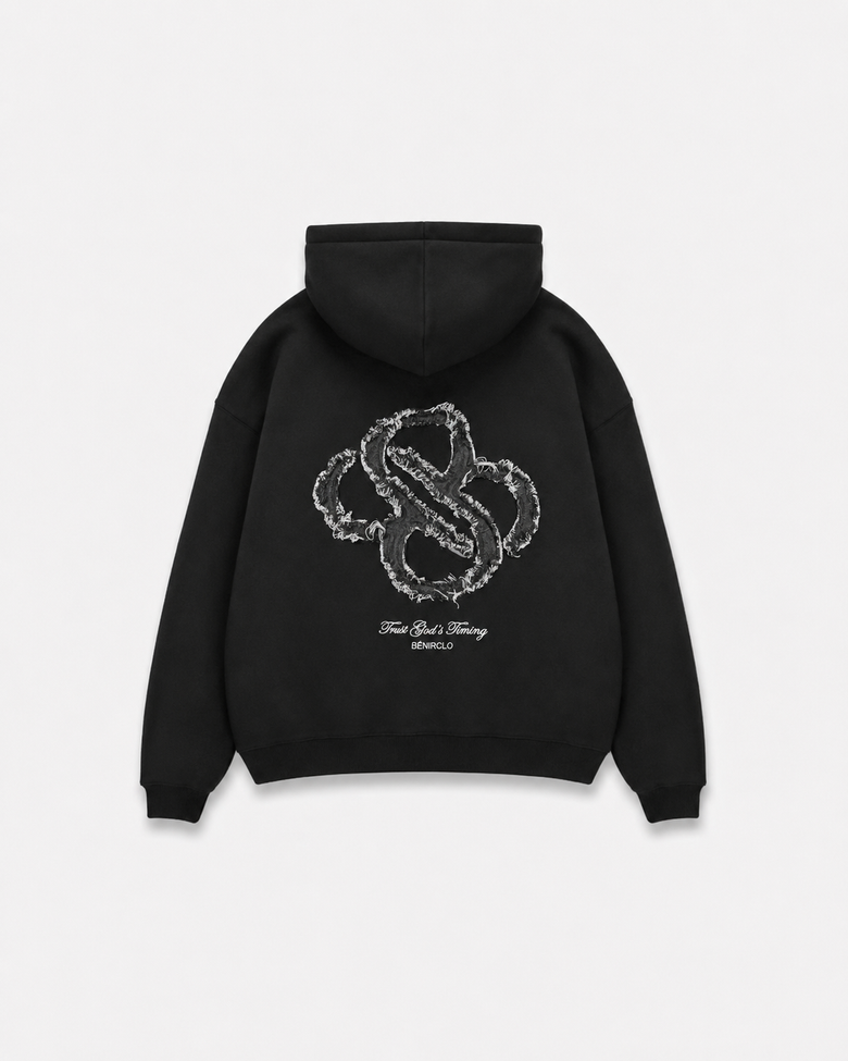 God's Timing Distressed Zip Hoodie - Black